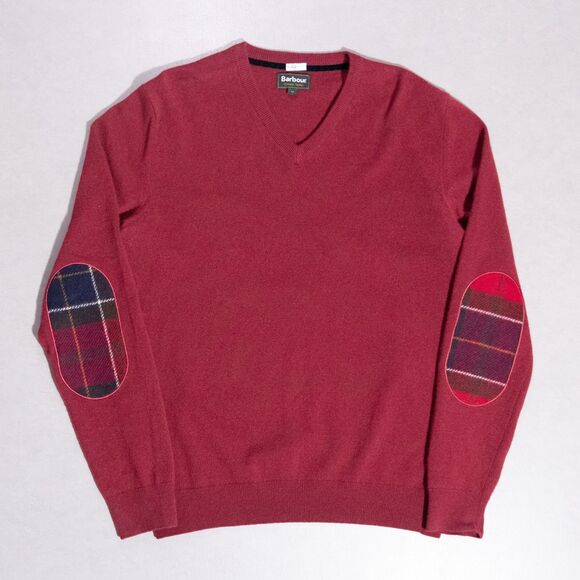 Barbour Classic Tartan Wool Cashmere V-Neck Sweater Plaid Elbow Patches Medium - Picture 1 of 5